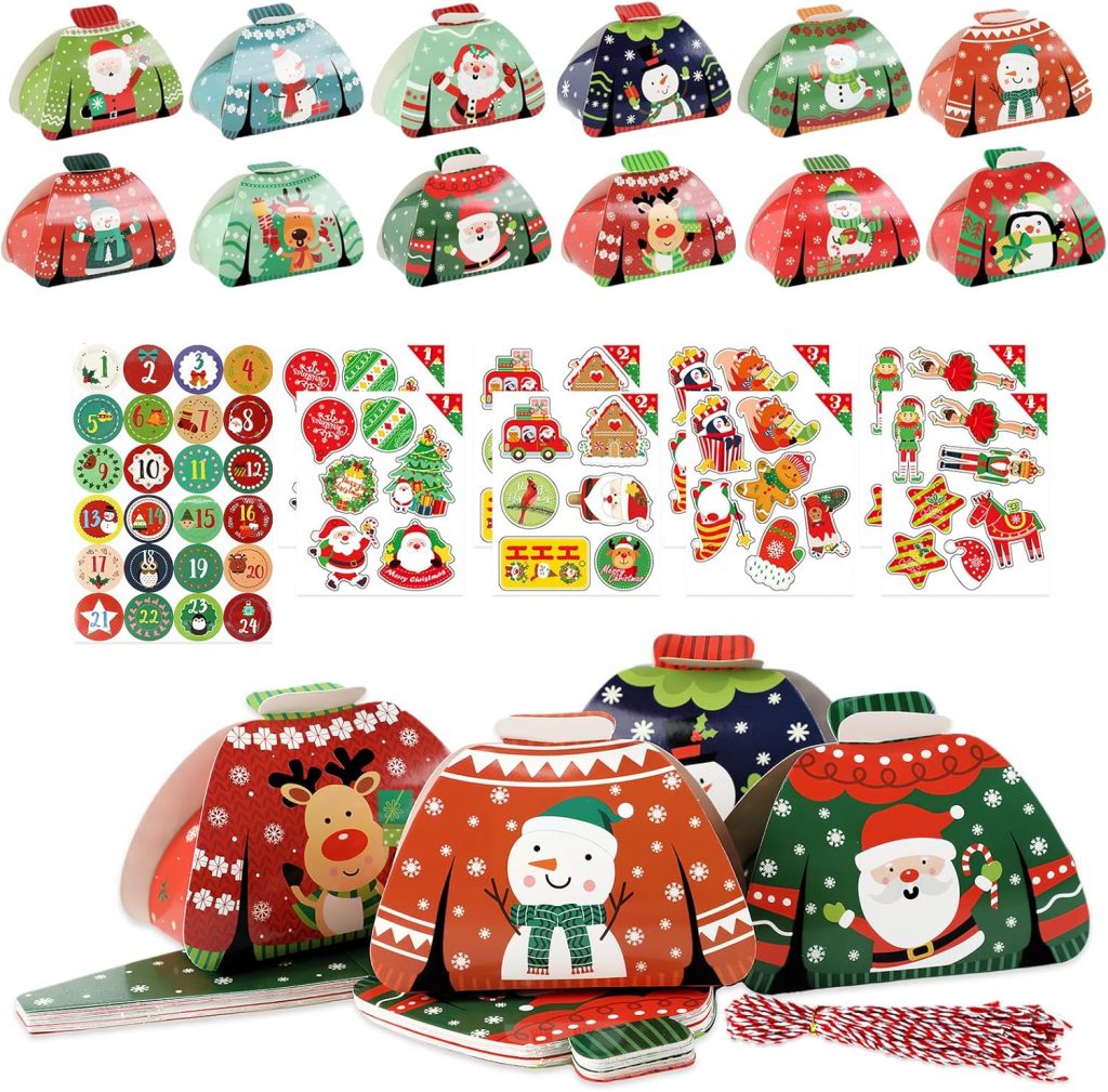 FEMONGY Adventskalender zum befüllen, Papierdrachen adventskalender, 24 bunte Falt-Schachteln zum Aufstellen und Dekorieren, 12 Hausformen