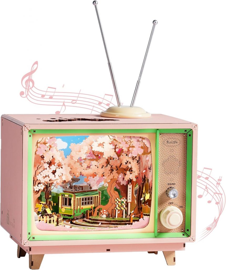 Rolife 3D Puzzle Anime Sakura Tram TV-Deko, 283-teiliges Holzbausatz für Erwachsene – Modellbausatz mit beweglichem Tram & LED, Cherry Blossom Szene, Geschenk für Woodcraft & Home-Deko
