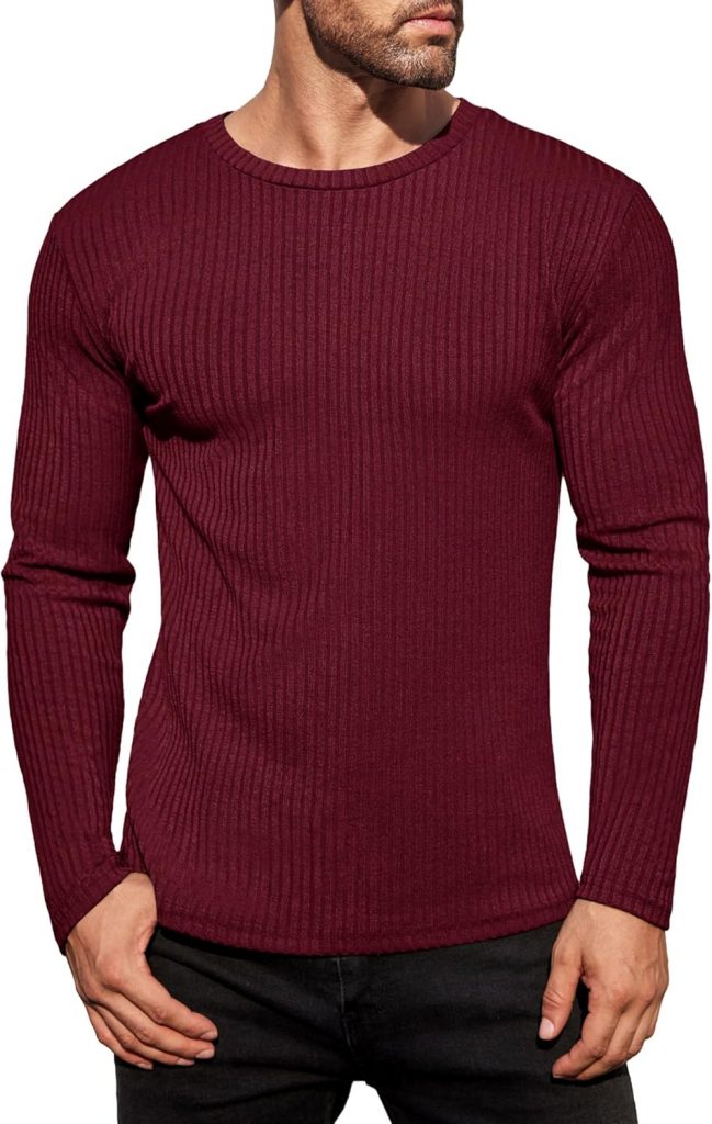 Ekouaer Rundhalspullover Thermo Langarmshirt Herren Dünner Pullover Langarm Thermoshirt Pulli Dunkelrot S