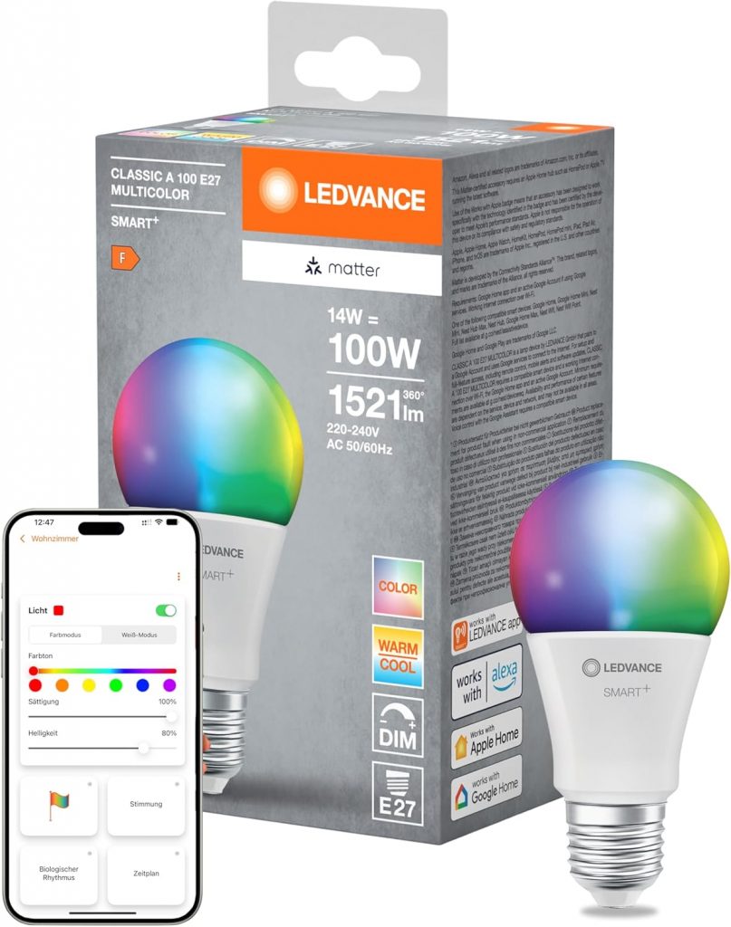 LEDVANCE SMART+ MATTER LED-Lampe, weiße Frost-Optik, 14W, 1521lm, klassische Glühlampenform mit E27, Farblicht und Weißlicht, App- oder Sprachsteuerung, bis zu 20.000 Std. Lebensdauer, single pack8,99€ statt 17,99€➡️ https://www.amazon.de/dp/B0CT5RCFF1/?tag=preisfehlerheute-21
