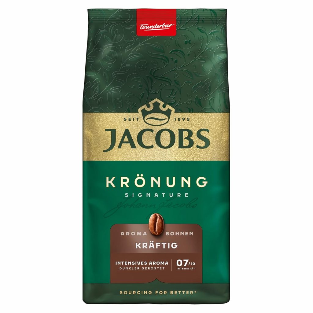 Jacobs Kaffeebohnen Krönung Kräftig Aroma-Bohnen, intensiv mit Haselnuss & Kakao, geröstet in Bremen, Intensität 7/10, Kaffee ganze Bohnen, 500 g