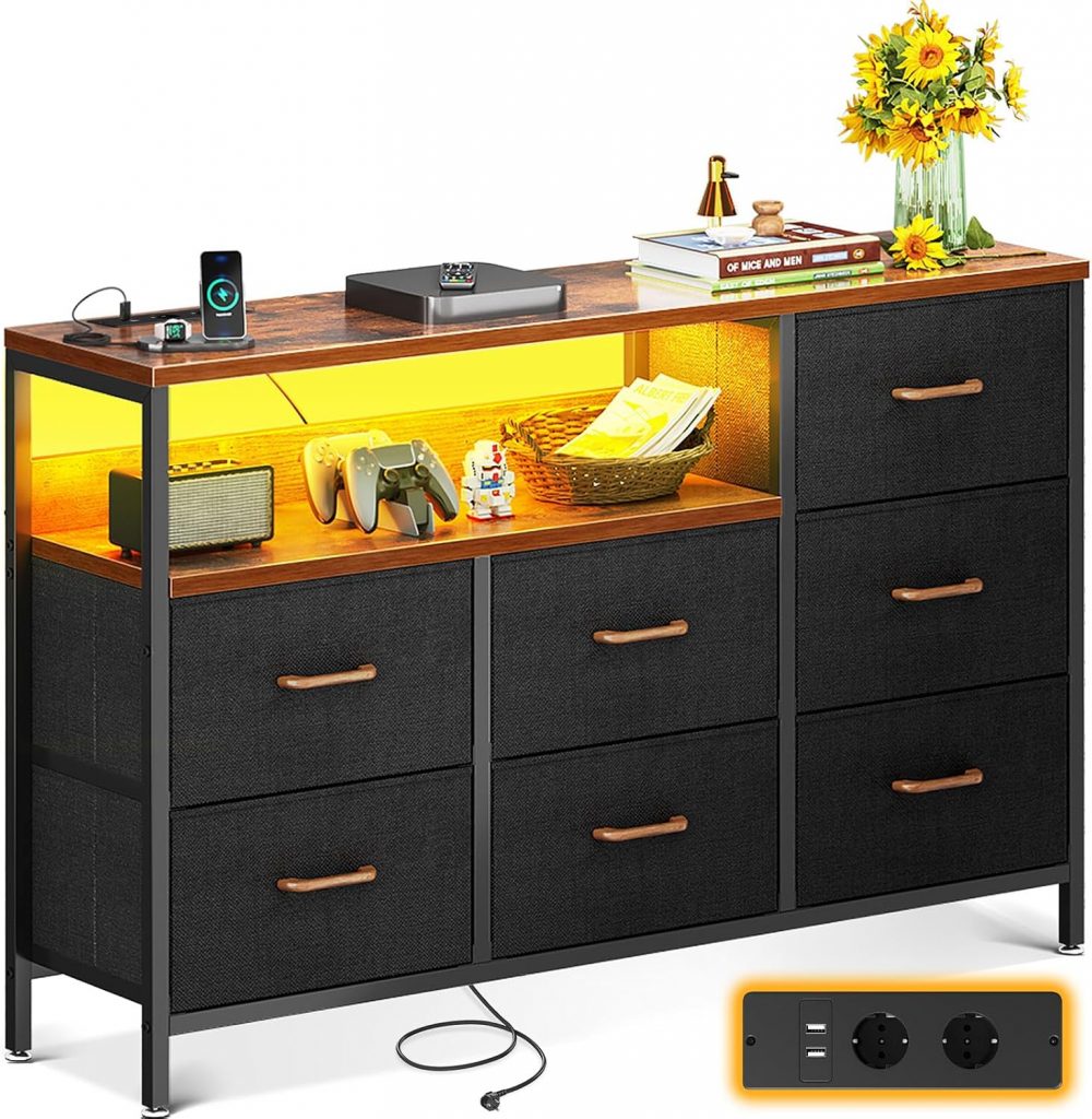 Coleshome Kommode mit Schubladen, mit Farbwechsel-LED-Streifen und 2 USB & 2 AC Ports Steckdosen, Komodenschrank mit 7 Stoffschubladen f&uuml;r Schlafzimmer, Wohnzimmer, 132 * 30 * 89cm, Retro Farbe