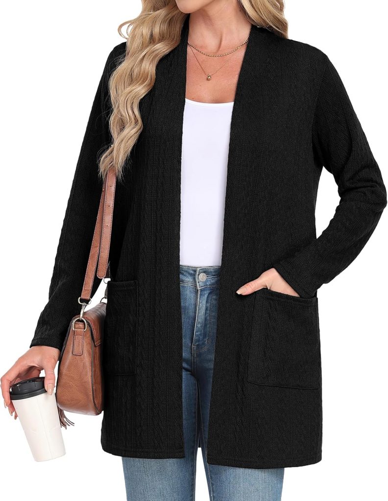 👑 IWOLLENCE Strickjacke Damen Lang Gedrehte Strickjacke Cardigan Elegant Gestrickt Mit Offener Vorderseite und Taschen