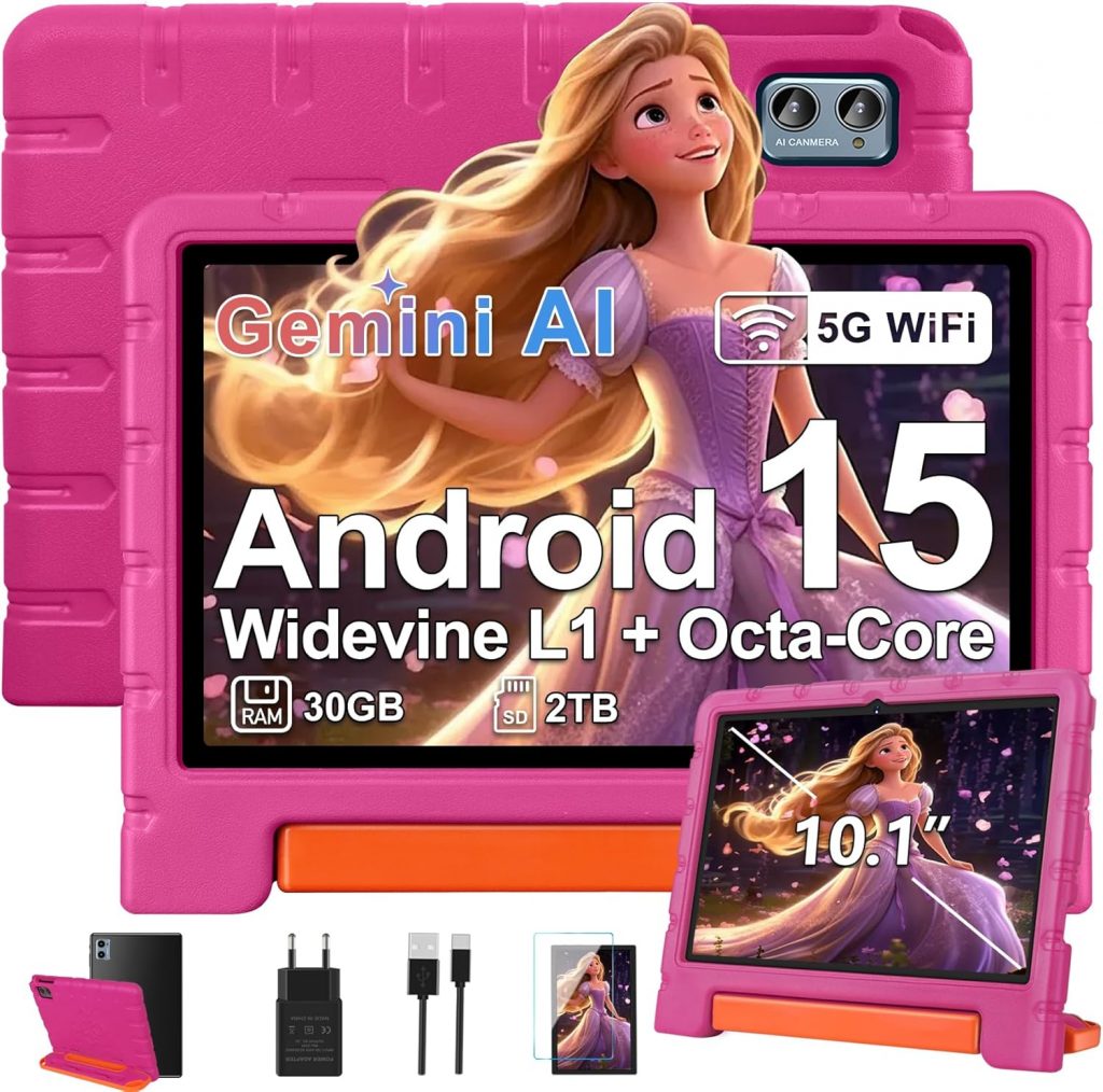 👑 ZIOVO Kinder Tablet 10 Zoll Android 15 mit 30GB RAM+TF 2TB, 5G WiFi, Gemini AI, Octa-Core, Widevine L1, GPS, Face ID, Kindersicherung, iWAWA, 6000mAh, BT 5.0, Kids Tablet mit Eva Case &ndash; Rosa