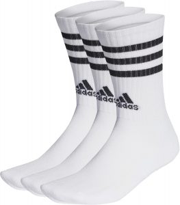adidas Unisex 3-Stripes Cushioned Crew Socks 3 Pairs, White / Black, 6.5