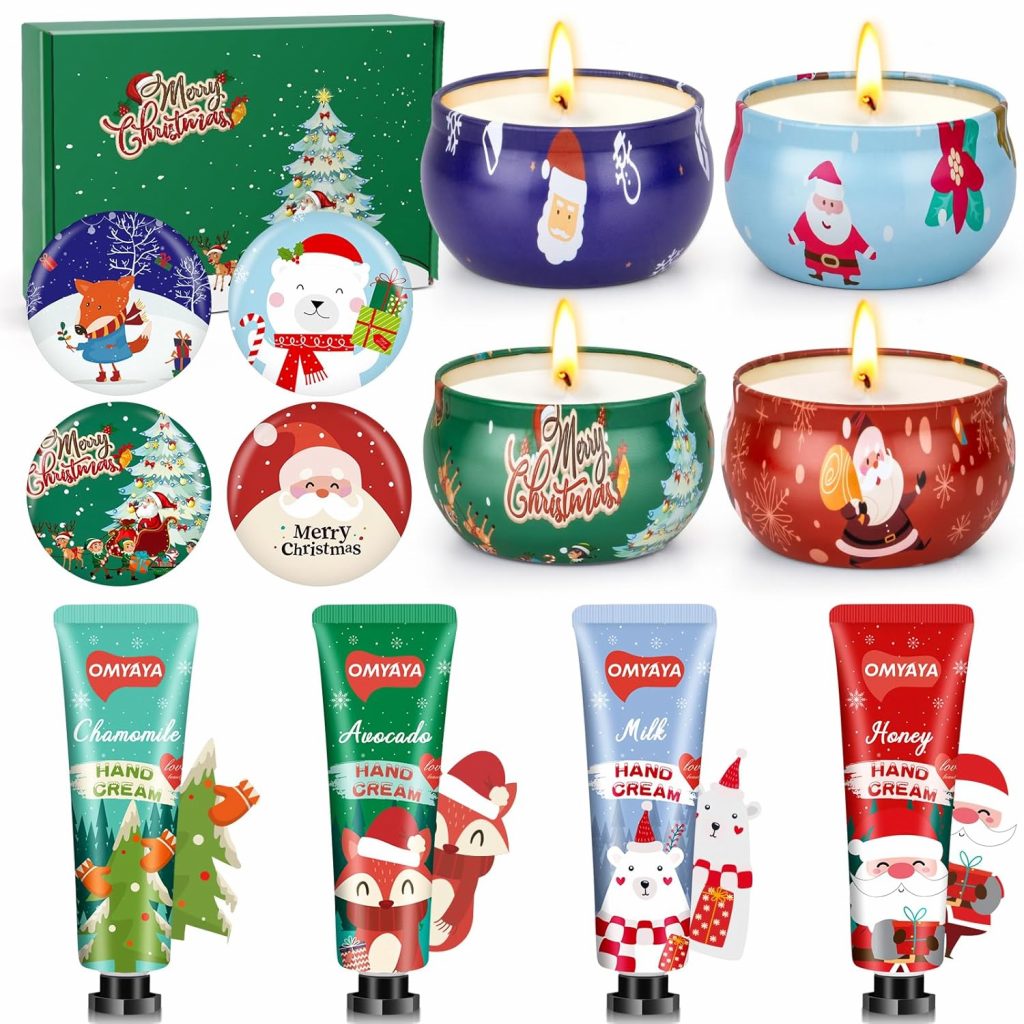 Weihnachten Duftkerzen Handcreme Geschenkset, 4 Stück Natürliches Sojawachs Aromatherapie Kerzen + 4 Stück Handcreme…