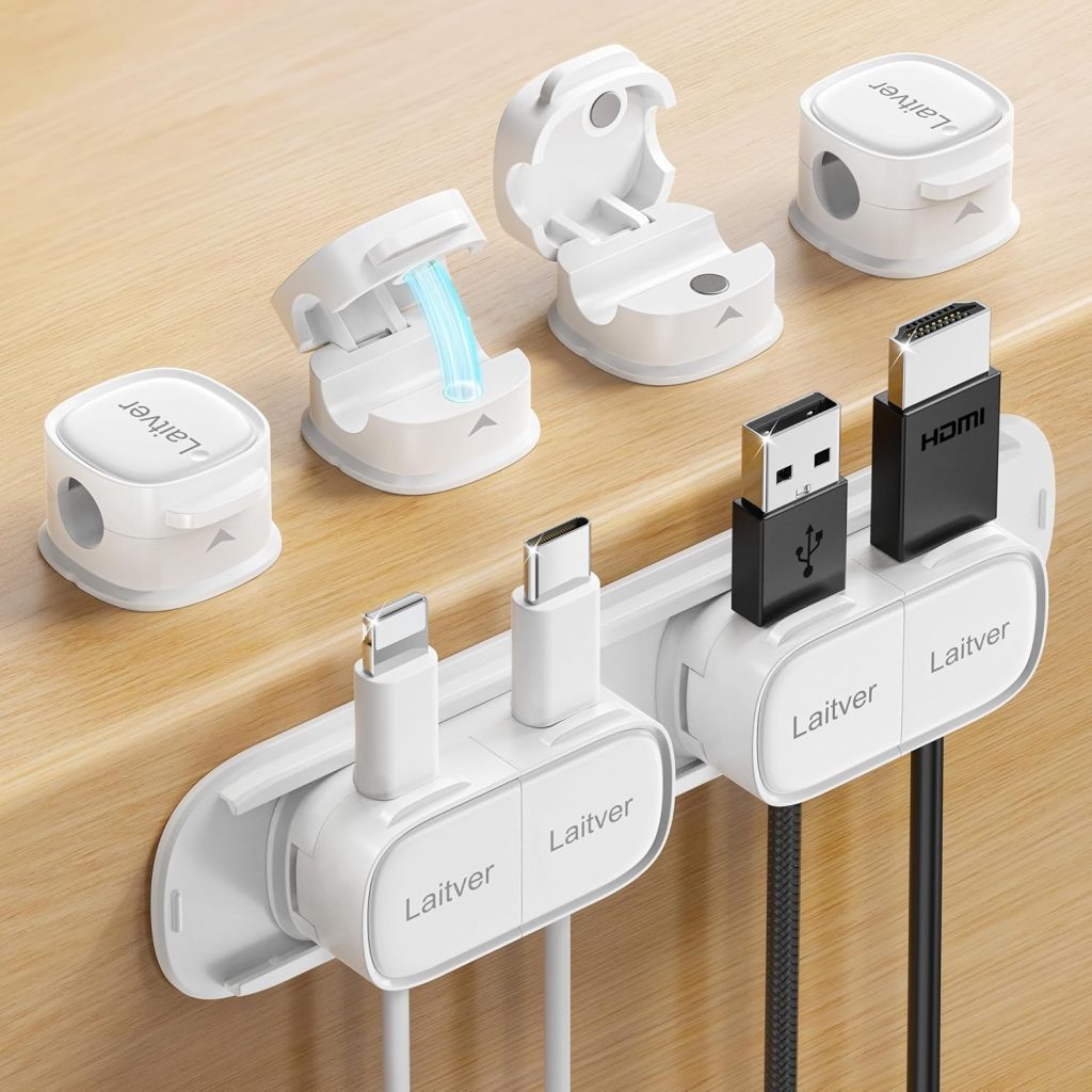 6 Stück Kabelhalter Kabelclips, Laitver Magnetisch Kabel Organizer Einhand-Bedienung Kabelmanagement, Kabelklemmen für Nachttisch/Schreibtisch/Wand,Ladekabel, HDMI, USB, Audiokabel usw