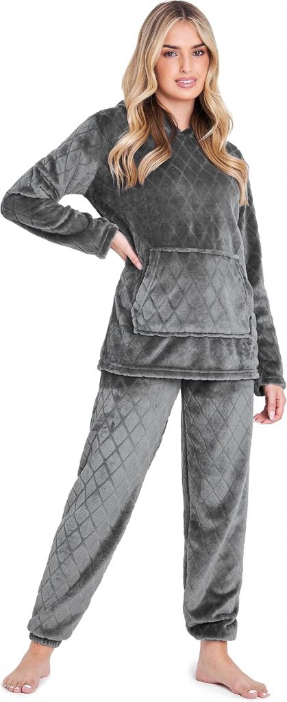 👑 CityComfort Schlafanzug Damen Lang mit Kapuze, Pyjama Damen Set aus Flauschigem Fleece, Geschenke für Frauen & Teenager