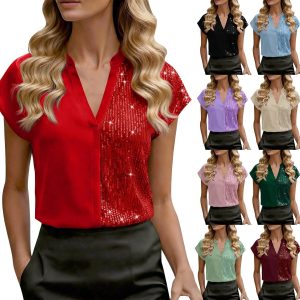 Damen Pailletten Bluse V-Ausschnitt Glitzer Oberteile Kurzarm Vintage Patybluse Cocktail Club Night Outfits Elegant Silvester Blusenshirt Festliche Tunika Einfarbig Casual T-Shirt20,88&euro; statt 21,98&euro;➡️ https://www.amazon.de/dp/B0G7S34BZ7/?tag=preisfehlerheute-21