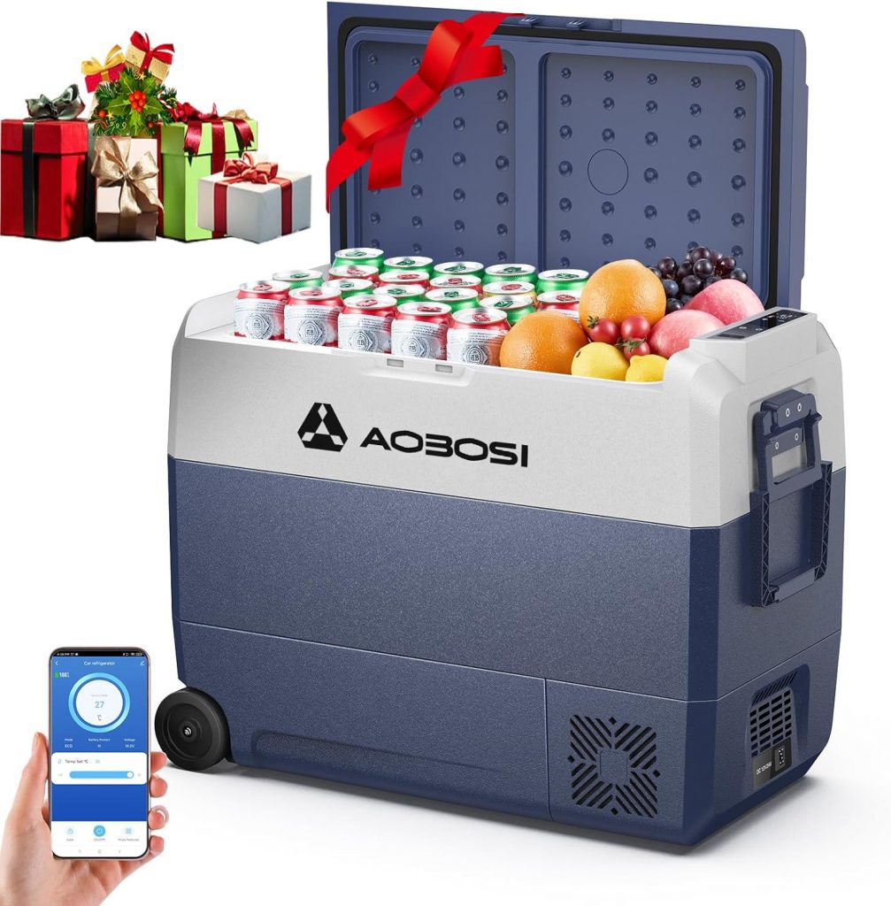👑 AAOBOSI Kompressor Kühlbox 60 L, Kühlbox Auto Mit APP-Steuerung, 12/24 V und 100-240 V Camping Kühlschrank mit USB-Anschluss, -20°C bis 20°C für Auto, LKW, Boot, Reisemobil, Camping, Reisen