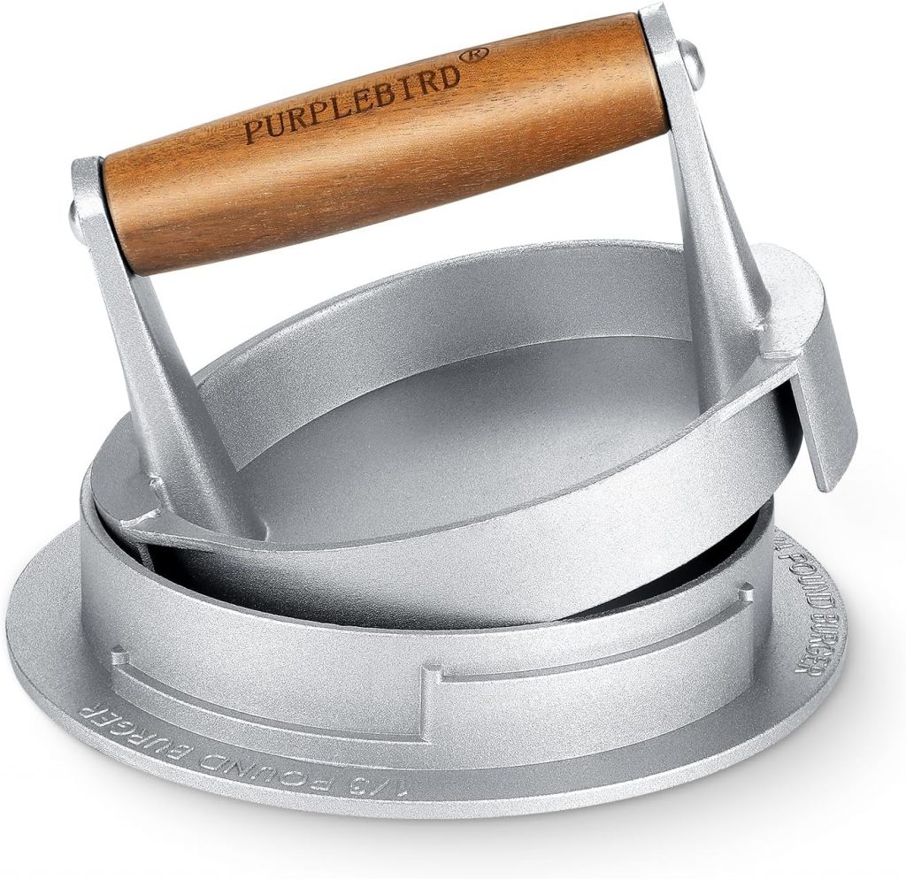 PURPLEBIRD Burgerpresse, 10.8cm Aluguss Burger Pattie Presse mit Antihaft, 3 Stufen der Dicke einstellbar, Professioneller Hamburgerpresse mit Holzgriff Perfekt für leckere Hamburger, Patties, BBQ