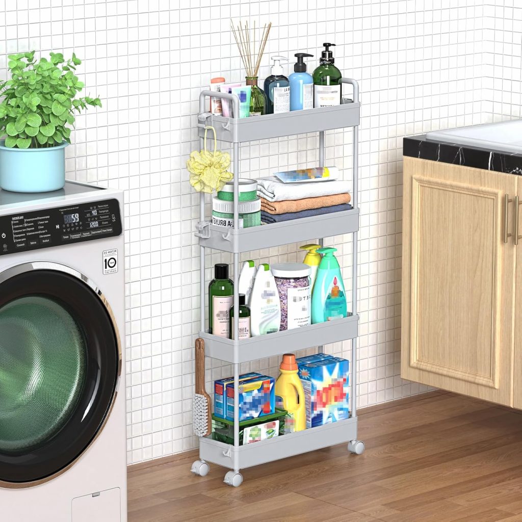 👑 SOLEJAZZ 4-Tier-Aufbewahrungswagen Slide-Out Slim Rolling Utility Cart Mobile Aufbewahrungsregal Organizer für Küche, Bad, Waschküche, Schlafzimmer, Enge Plätze, Kunststoff, Grau