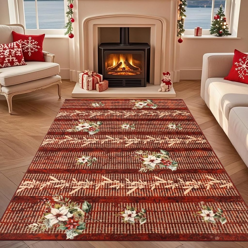 Geanup Weihnachtsteppich Groß 120x180cm, Rot Blume Waschbar Weihnachten Teppich für Wohnzimmer rutschfest, Kurzflor Weihnachten Teppiche für Schlafzimmer Küche Esszimmer Kinderzimmer Flur Büro7.99€