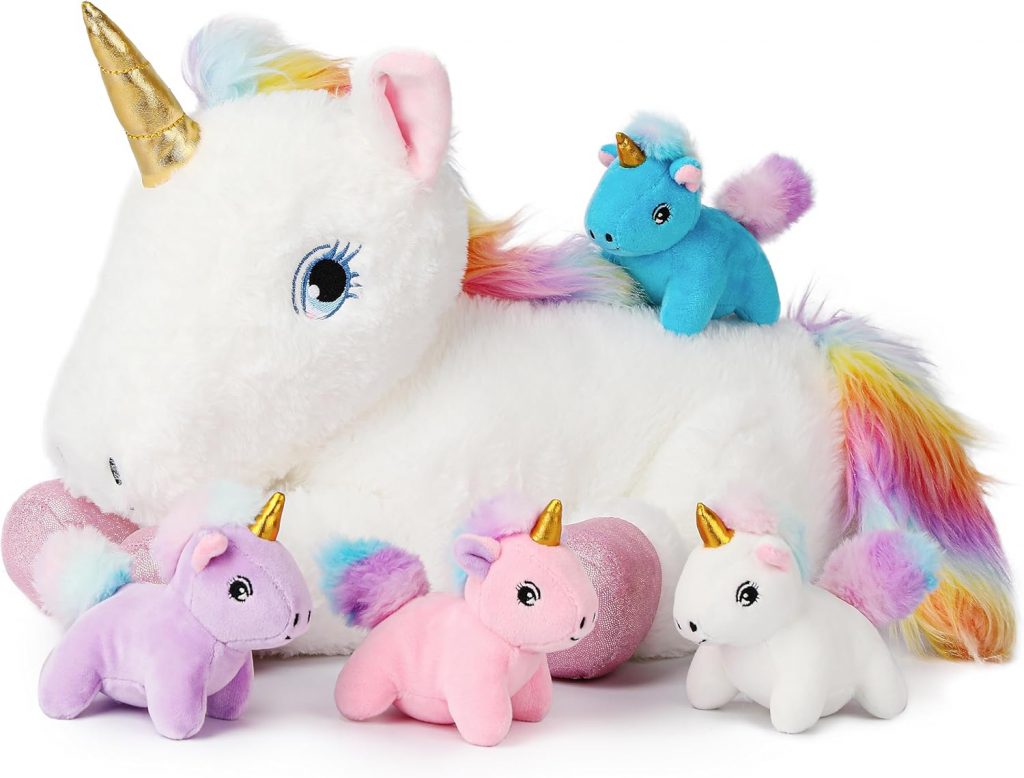 61 cm (24 Zoll) Einhorn-Stofftierspielzeug für 3 4 5 6 7 8 9 Jahre alte Mädchen, Einhorn-Mutter mit schönen Augen und vier Einhorn-Babys, Plüsch-Geschenk für Weihnachten, Geburtstagsfeier für Mädchen