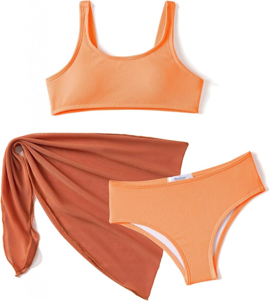 👑 Arshiner Mädchen Bikini Set 3-teilig Sommer Dreiteiliger Badeanzuge mit Rock Mode Sunny Bademode Schwimmen Badebekleidung für Kinder 4-15 Jahre