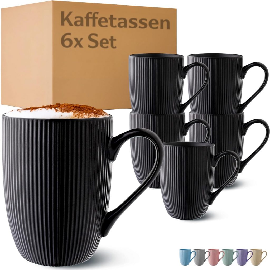 Cosumy Kaffeetassen 6er Set in Schwarz Matt 350ml – Einzigartiges Streifenmuster – Keramik – Mikrowellenfest – Spülmaschinenfest & Komfortabler Griff – Schwarze Tassen – Modern