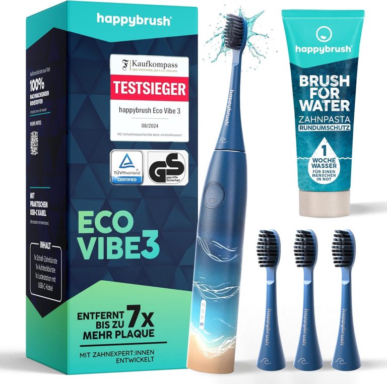 happybrush® Schallzahnbürste Eco Vibe 3 – TESTSIEGER – 100 Tage testen - Elektrische Zahnbürste mit 8 Wochen Akku – Ultraschall Zahnbürsten – 2 Jahre Garantie - Inkl. Aufsteckbürsten - Ocean62,95€ statt 84,95€➡️ https://www.amazon.de/dp/B0DTJ7JHQZ/?tag=preisfehlerheute-21