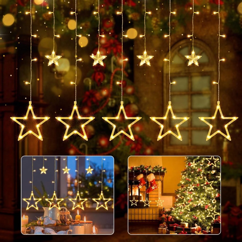 iShabao Lichterkette Sterne Strom 138 LED Weihnachtsbeleuchtung Fenster, 2.4x1m Lichtervorhang Fenster Weihnachten mit 12er Sterne, Lichterkette Innen mit Timer für Weihnachtsdeko (Warmweiß)