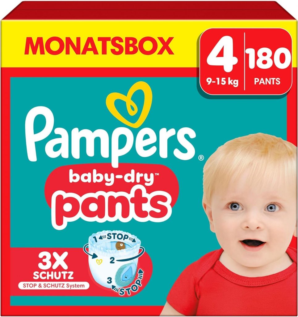 👑 Pampers Baby-Dry Pants Größe 4, 180 Windeln, 9kg-15kg, 360 Grad Celsius Passform hilft, Auslaufen zu verhindern