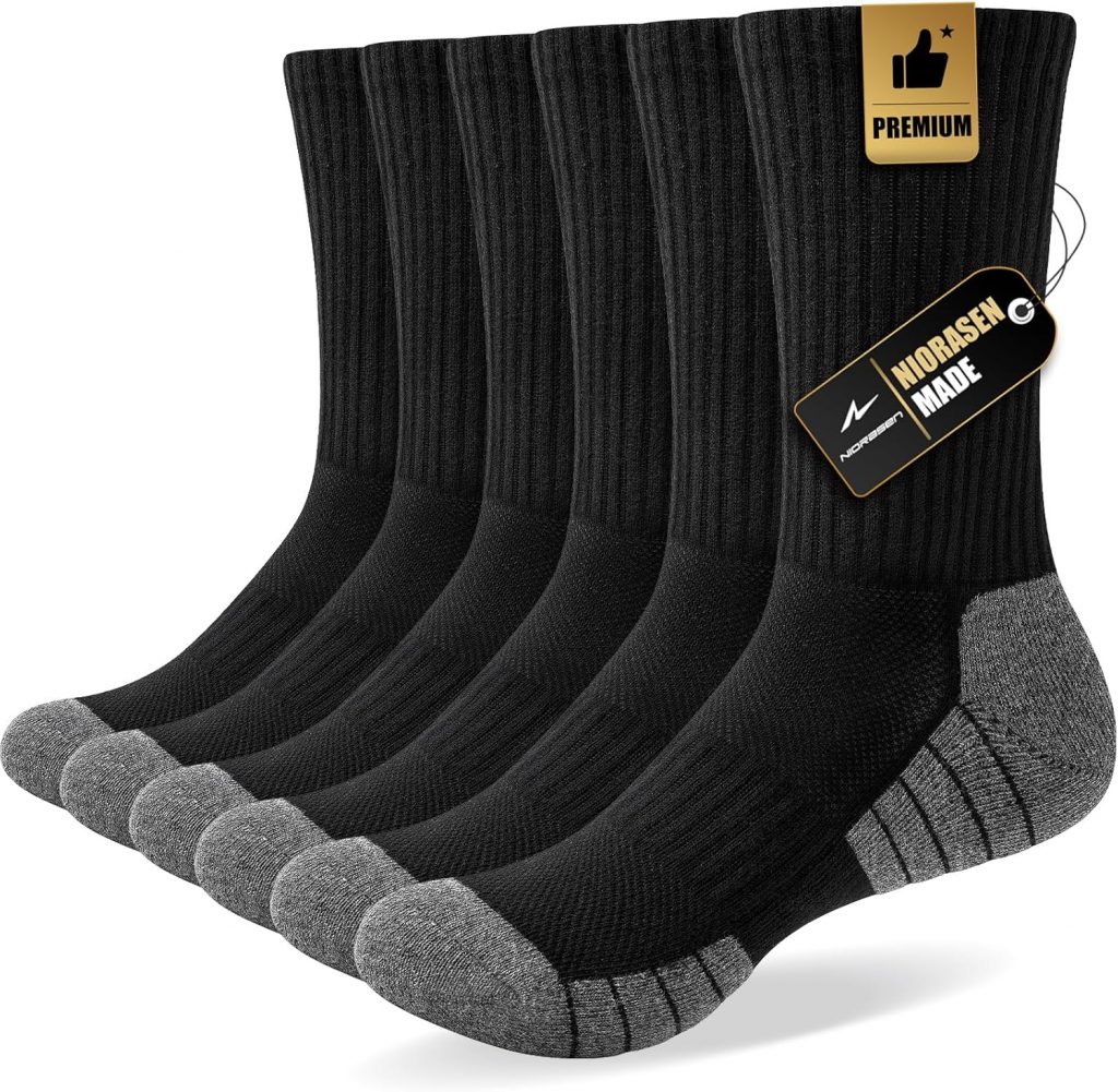 Niorasen Socken Herren Damen, 6 Paar Atmungsaktive Wandersocken Tennissocken Sportsocken, Baumwolle Gepolsterte Hochleistung Laufsocken Arbeitssocken, 43-46 39-42 35-38 47-