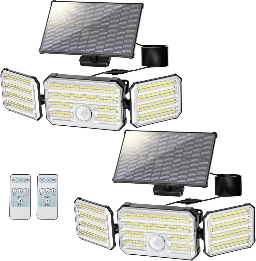 Solarlampen für Außen mit Bewegungsmelder, 160 LED Solarleuchten für Außen mit Alarmfunktion, 2000mAh 4 Modos IP67 Wasserdichte Solar Wandleuchte mit Fernbedienung für Garten, Garage – 2 Stück