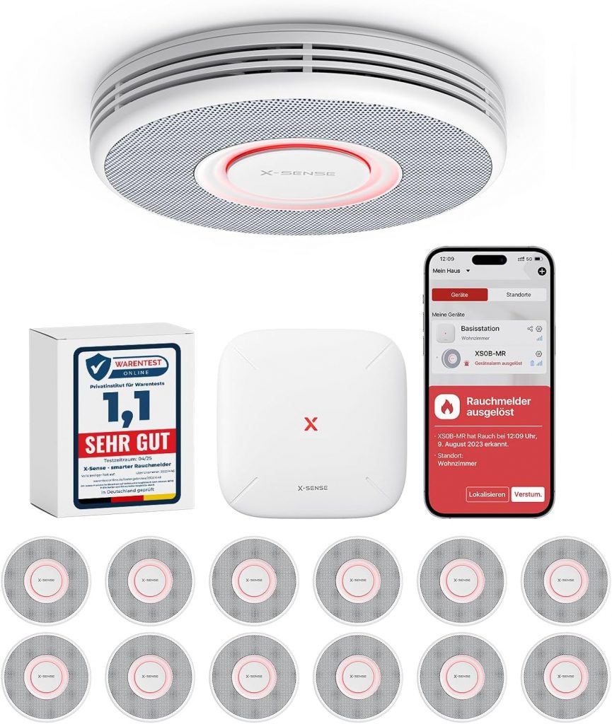 X-Sense Smarter Rauchmelder WLAN mit Sprachausgabe und 17 Standorten, Feuermelder, Rauchmelder vernetzt, 33 mm, Brandmelder mit SBS50 Basisstation, XS0B-MR121, 12 Stück