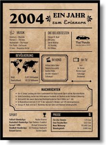 👑 EQUIK PRODUCTS Geburtstagskarte 2004 | Geburtstagsgeschenk für Männer und Frauen | Geburtsjahr 2004 | Vintage Poster | Dekoration und Geschenkidee | Zurück in 2004 (2004)5,69€ statt 8,50€ - 34,00 % 🔥🚚 Verkauft von Equik Products und Versand durch Amazon1,489 Bewertungen: 4.6 / 5.0 ⭐️⭐️⭐️⭐️⭐️🛒 zu Amazon https://www.amazon.de/dp/B0CQ9FY5QD/?th=1&%3Bpsc=1&%3Btag=preisfehlerheute-21&tag=preisfehlerheute-21