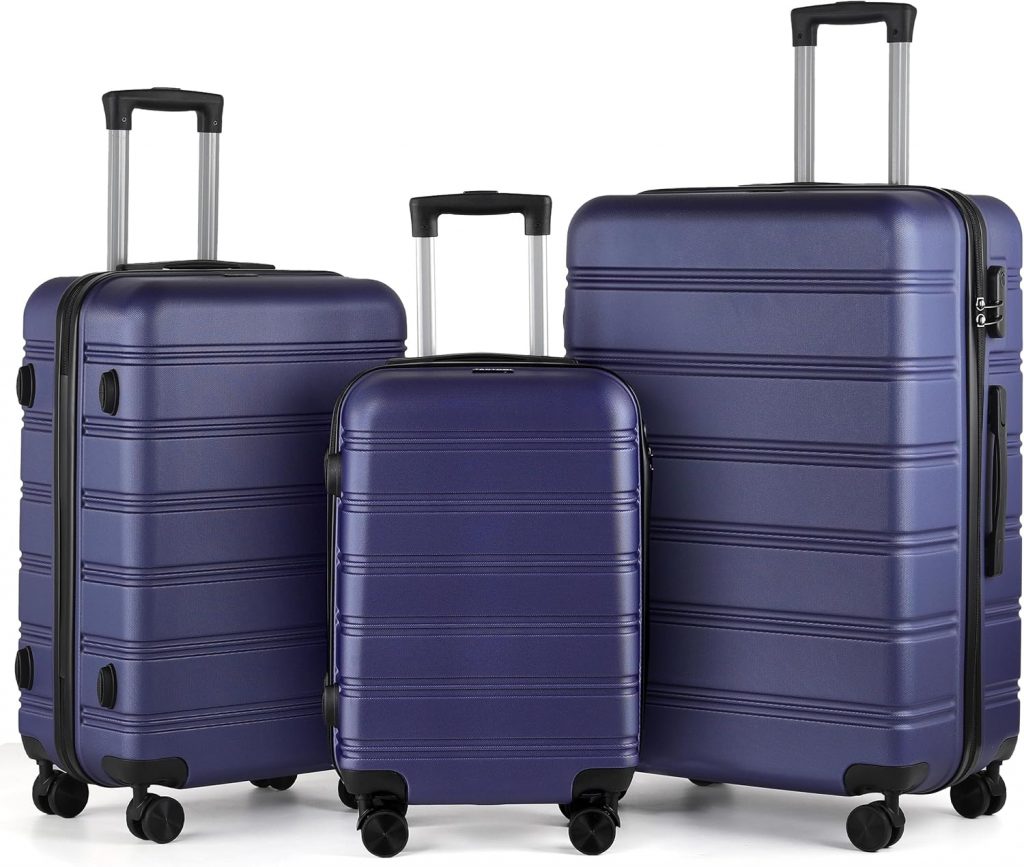 TANTOMI Kofferset 3 Teilig Hartschale aus ABS– Kofferset 20/24/28 Zoll, Reisekoffer mit 4 Drehbaren Rollen und 3 Stelige-Zahlenschloss (Gepäck-Sets–M-L-XL, Dunkelblau)