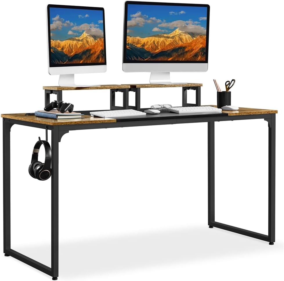 Yaheetech Schreibtisch Computertisch, Arbeitstisch Lerntisch mit 2 Motorhalterung/2 Kabeldurchführungen/1…