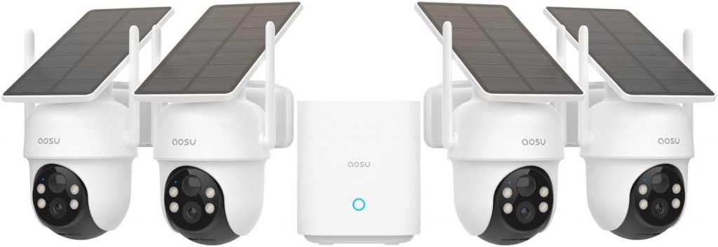 aosu 2K Überwachungskamera Aussen Solar Akku, 4 Cam-Kit & aosuBase, Keine Gebühren, 360° Panorama Kabellose Kamera…