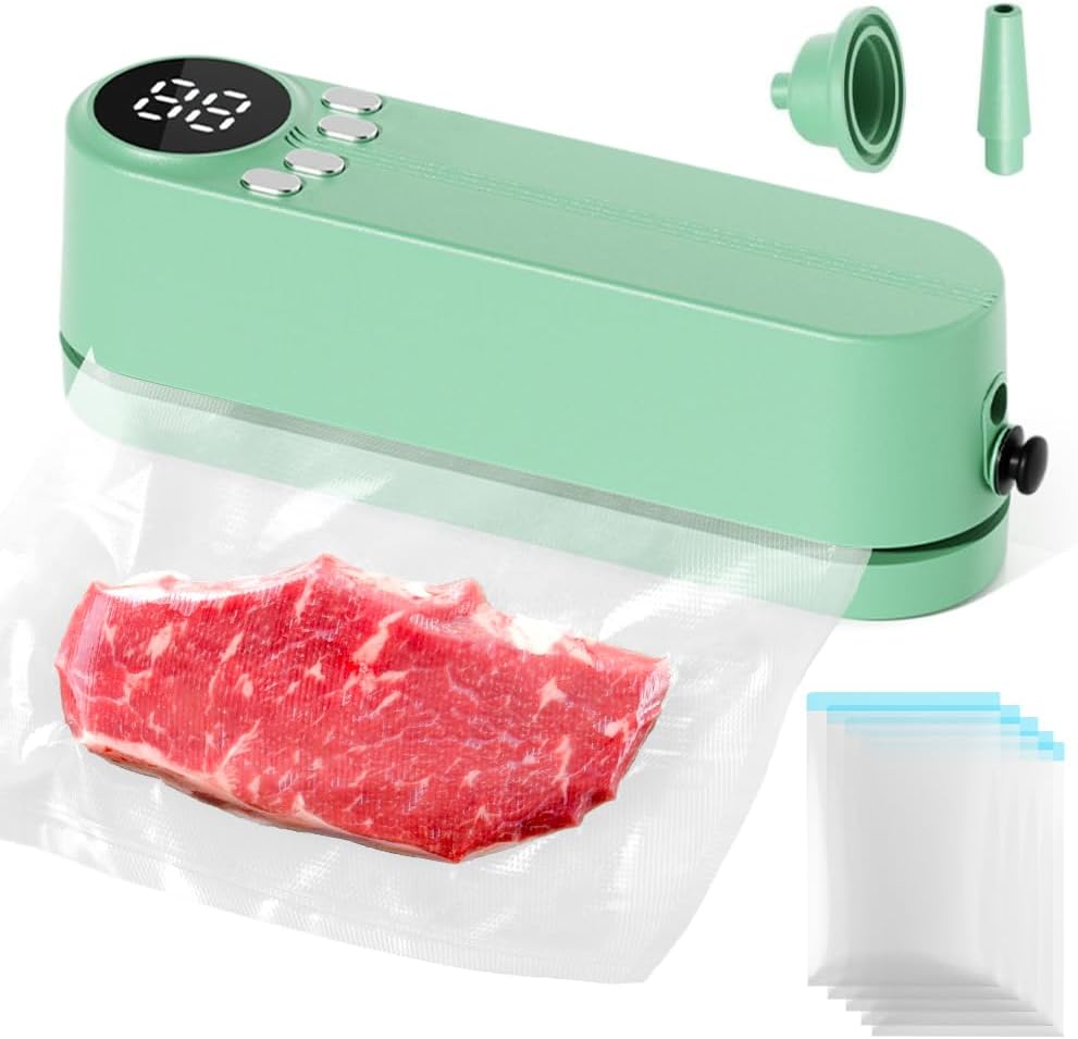 Mini Vakuumierer, Tragbar 3-in-1 Vakuumiergerät, Kabellos Wiederaufladbar Folienschweißgerät mit 60 KPA Vakuum, Inflator & Luftabsaugadapter für Snackkonservierung und Lebensmittelaufbewahrung