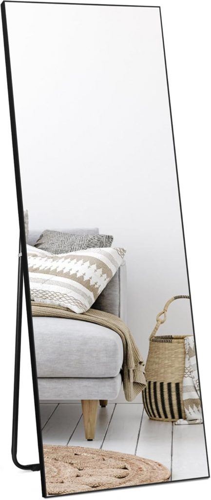 HORLIMER Standspiegel 150×51 cm mit Schwarzer Rahmen, Großer Wandspiegel oder Stehspiegel Ganzkörperspiegel für Schlafzimmer, Wohnzimmer, Flur, Sicherer Ankleidespiegel