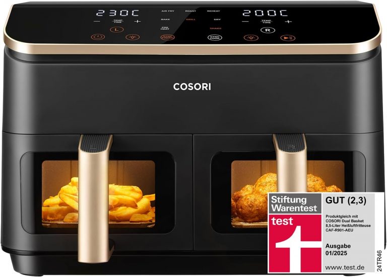Cosori Airfryer | 8,5L Heißluftfritteuse 2 Kammern | Heissluftfritteuse mit Sichtfenster | NTC-Tech für präzise Temperaturkontrolle | 6-in-1 | energiesparend | Gold | R903