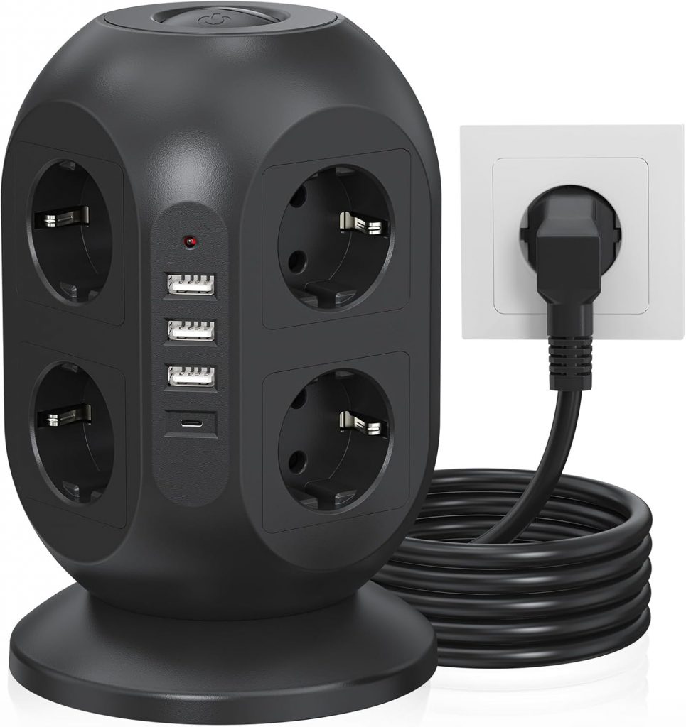 Steckdosenturm mit USB, 8 Fach verteilersteckdose mit USB C, Mehrfachsteckdose mit Schalter, Steckdosenturm mit 2m…