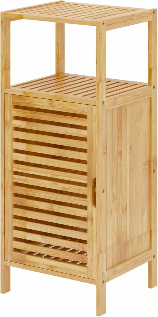 sogesfurniture Badezimmerschrank, Beistellschrank Bambus mit Lamellentür und offenem Fach Aufbewahrungsschrank für Badezimmer, Wohnzimmer, Küche, 36×32.5x85cm, BHEU-KS-YSG-DM