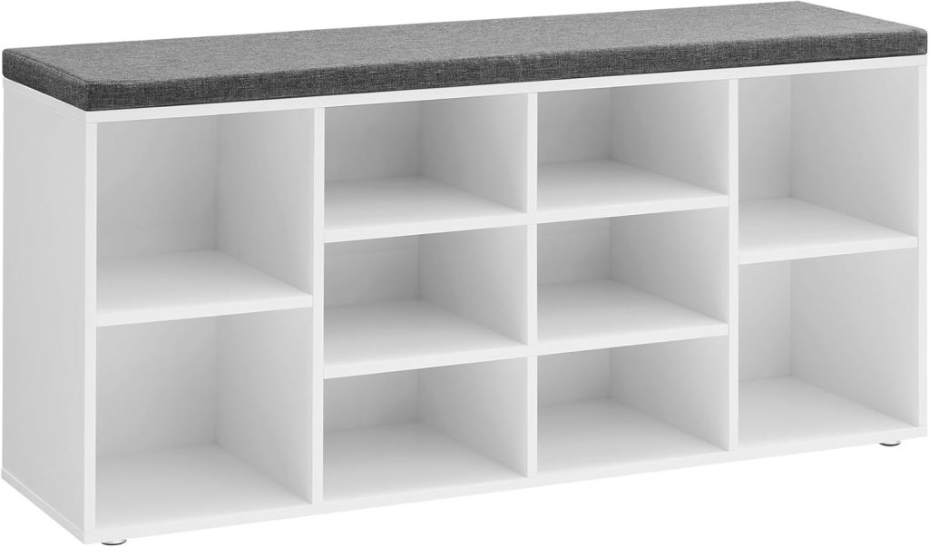 VASAGLE Schuhbank, Schuhregal mit Sitzfläche, Sitzbank mit Stauraum, gut gepolstert, Flurbank mit 10 Fächern, verstellbaren Ablagen, für Schlafzimmer, 30 x 104 x 48 cm, weiß-grau LHS10WT