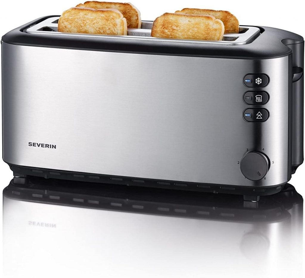 Severin Doppel-Langschlitztoaster mit eingebautem Brötchen-Aufsatz, für 4 Brotscheiben, Brotscheibenzentrierung, Aufwärm- und Defroster-Stufe, Edelstahl gebürstet, schwarz, 1.400 W, AT 2