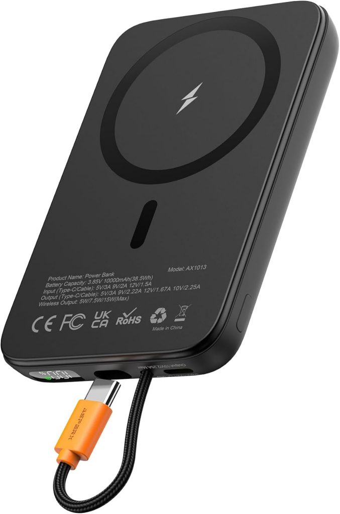 AsperX Magnetische Powerbank für Magsafe: 10000mAh Klein Wireless Power Bank mit 22.5W USB-C Kabel, Induktives Externe Handyakkus für iPhone 16 15 14 13 12 Max/Pro/Plus-Portable,LED-Display,Schwarz