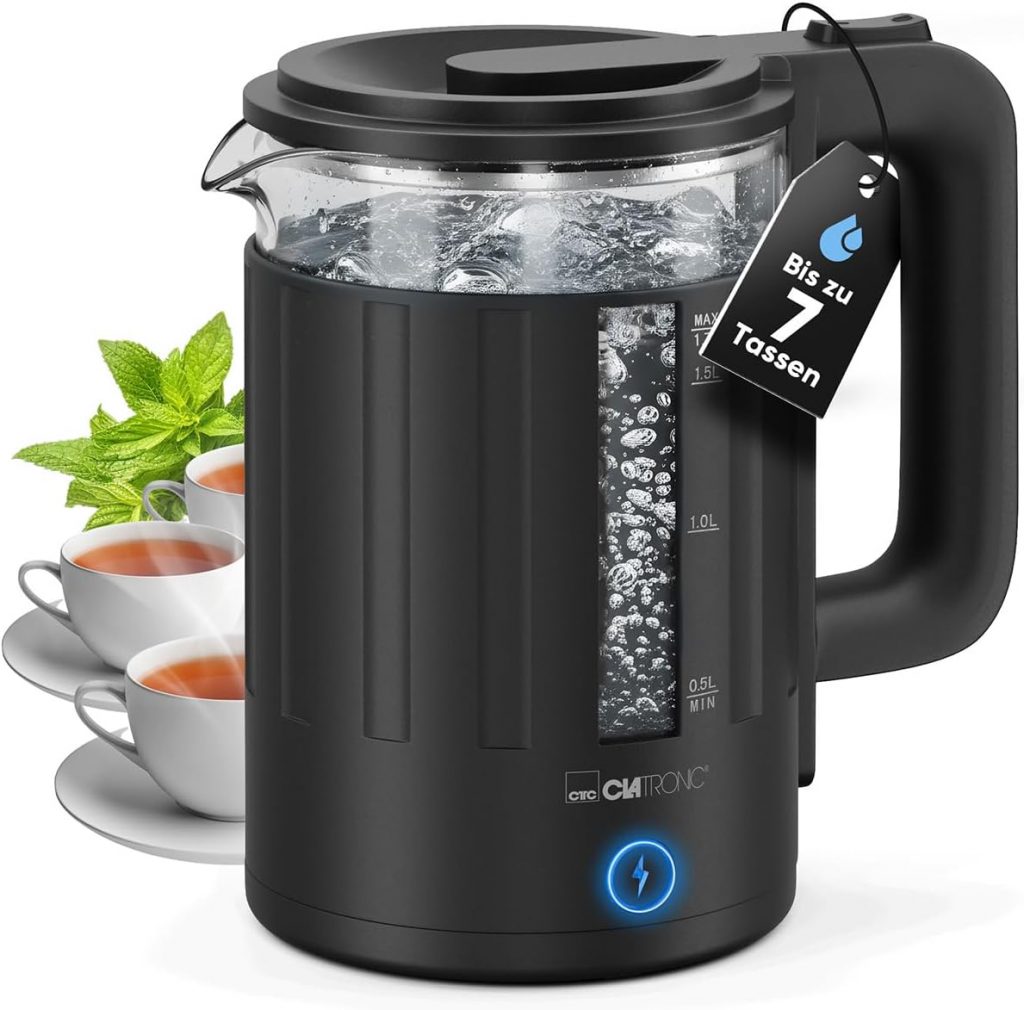 Clatronic Wasserkocher Glas 1,7 Liter BPA frei Einhandbedienung wärmeisoliertes Gehäuse Kettle mit Kabelaufwicklung Wasserkocher schwarz WK 3