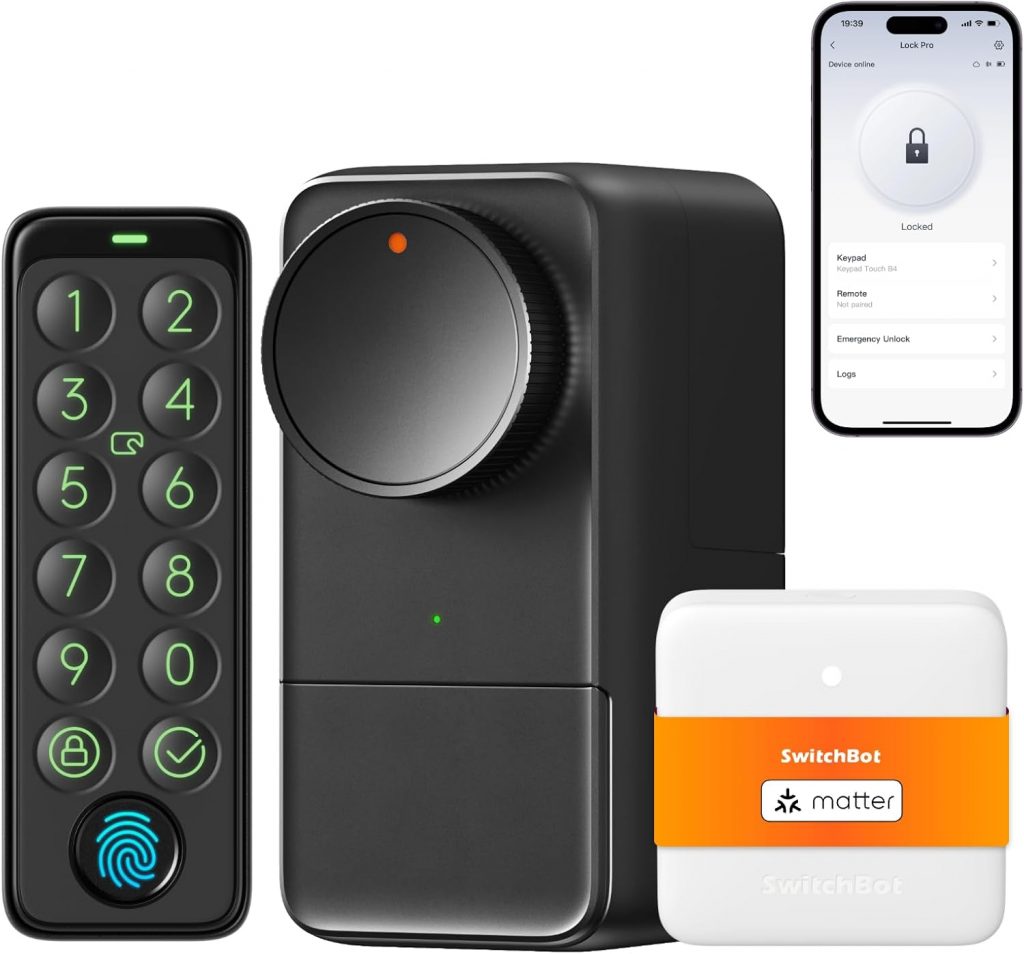 SwitchBot WLAN Smart Lock Pro mit Touchscreen-Tastatur, Türriegelschlösser, Smartes Türschloss, Elektronisches Türschloss, Türöffner per App, Fingerprint, Code, Alexa, Google, unterstützt Matter