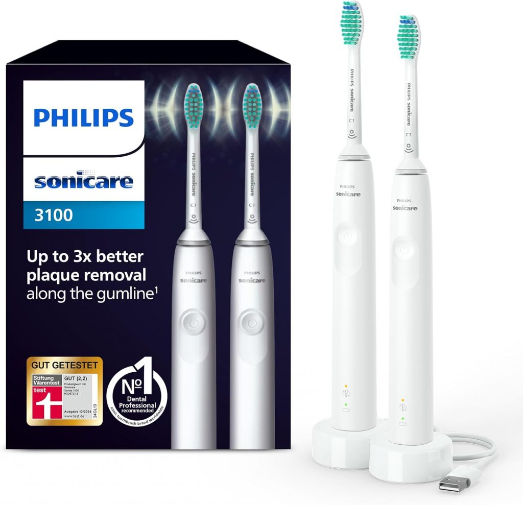 Philips Sonicare 3100 elektrische Zahnbürste, Schallzahnbürste, Andruckkontrolle und Timer, Weiß, Zweierpack, Modell HX3675/1359,99€ statt 99,99€➡️ https://www.amazon.de/dp/B099NJBY9M/?tag=preisfehlerheute-21
