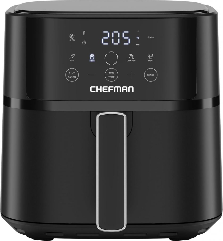 Chefman 5,7L Heißluftfritteuse, schnell & einfach, kompakte Heissluftfritteuse mit Hi-Fry Technologie, Touch Controls mit 4 Voreinstellungen, antihaftbeschichtet & spülmaschinenfest – Schwarz