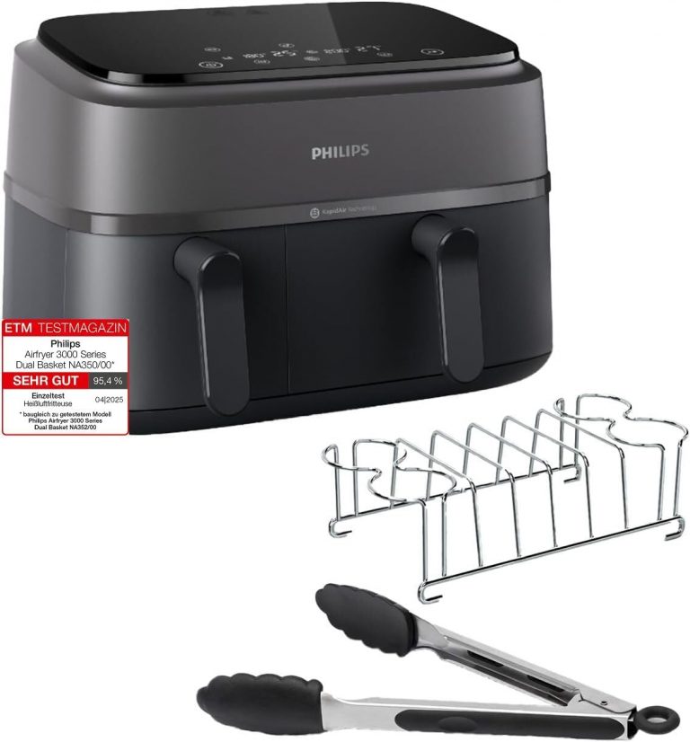 Philips Airfryer Dual Basket 3000 Series Heißluftfritteuse, 9L, 2 Körbe, 2 Gerichte gleichzeitig, RapidAir Plus Technologie, 90% weniger Fett, Energieeffizient (NA350/03) inkl. Frühstücksset129.99€ ➡️ https://www.amazon.de/dp/B0CQMDMSGL/?tag=preisfehlerheute-21