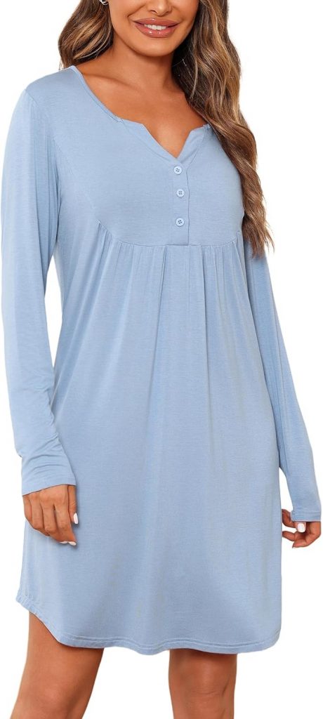 Jahetuul Nachthemd Damen Schlafshirt Langarm Nachthemden für Damen Baumwolle Winter Nachtwäsche Sleepshirt Nachtkleid Hauskleid mit Knopfleiste