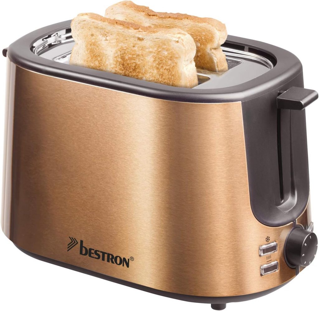 Bestron Toaster mit 2 Röstkammern, Krümelschublade und Brötchen-Röstaufsatz, 1.000 W, Edelstahl in Kupfer-Optik