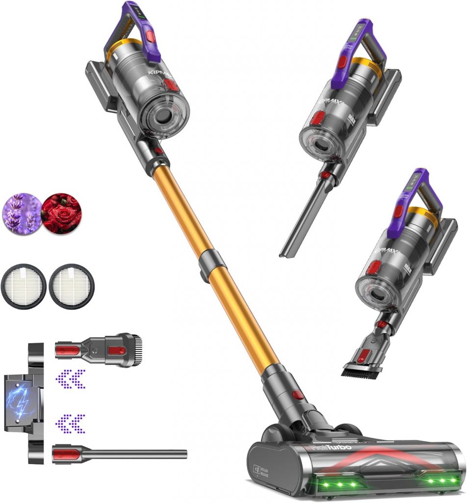 KIPMAX Akku Staubsauger 50000Pa/550W/70Min,1.5L Staubsauger Kabellos mit Display,Anti-Tangle-Bürste,7-Schicht-Filtra & 2 Duftplatten,Selbststehend Akkustaubsauger für Teppiche/Tierhaar/Hartböden