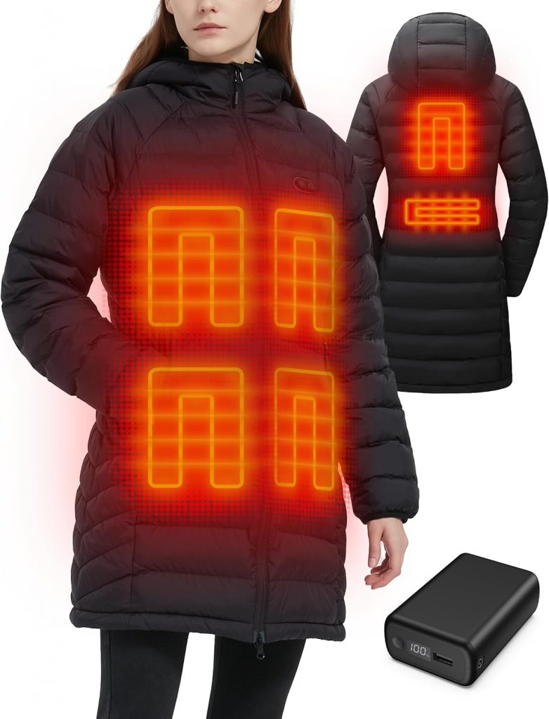 LIVONEST 12V Heizjacke Damen 20000mAh Beheizte Lang Winterjacke mit 6 Heizbereichen, Dual-Zonen-Steuerung vorne & hinten, inkl. Powerbank, EU Groß, Schwarz
