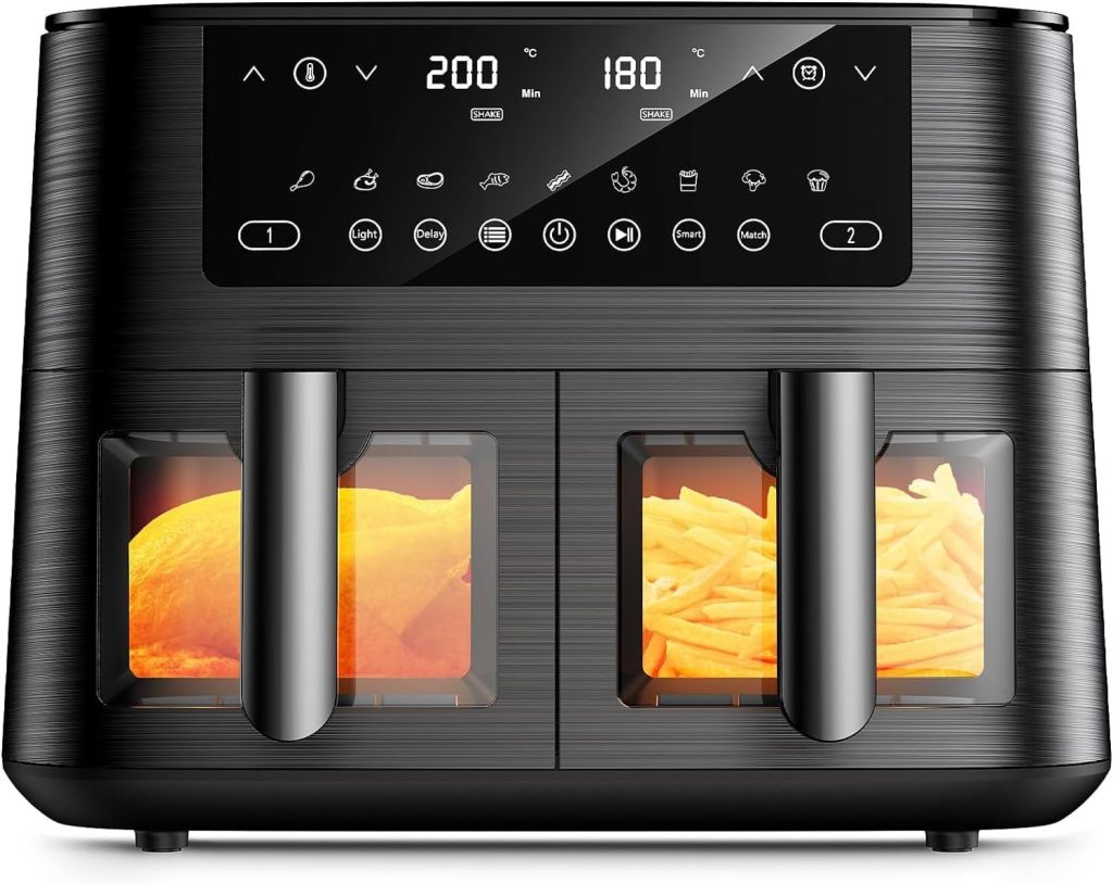 Heißluftfritteuse 2 kammern mit Sichtfenster, 9L Airfryer, 2 Fächer, 9-in-1…