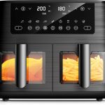 Heißluftfritteuse 2 kammern mit Sichtfenster, 9L Airfryer, 2 Fächer, 9-in-1, Touchscreen, Spülmaschinenfeste Körbe, Antihaftbeschichtete Frittierkörbe, Gesunde Friteuse ohne Öl und fettarmes Kochen