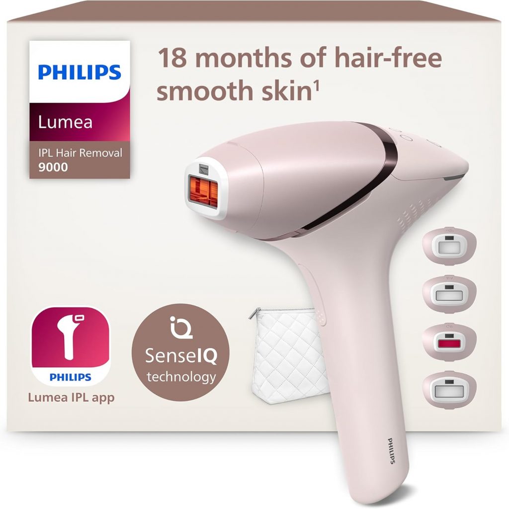 Philips Lumea IPL 9000 Series Haarentfernungsgerät mit SenseIQ Technologie – Alternative zur Laserhaarentfernung – 4 Aufsätze für Körper, Gesicht, Bikinizone & Achselhöhlen, kabellos (BRI957/00)
